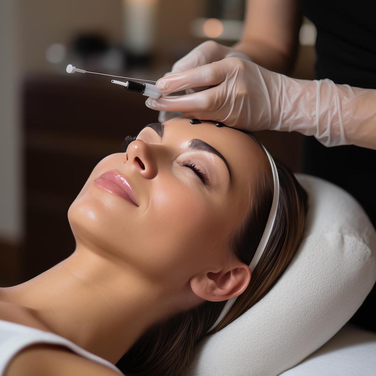 Cosmetologist giving botox filler to young woman s forehead in b Cosmetologist giving botox filler to young woman s forehead in beauty salon for anti aging treatment